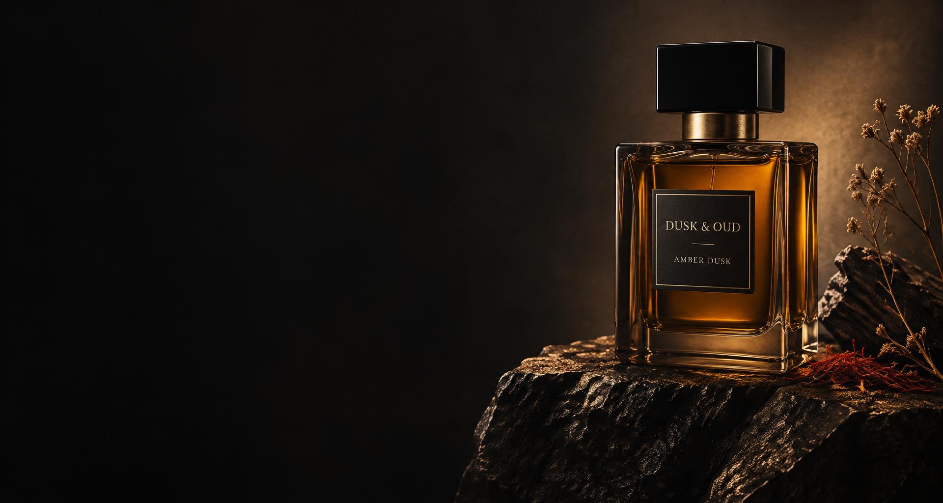 Dusk & Oud Amber Dusk perfume on dark stone in warm evening light